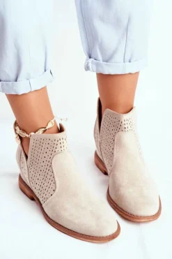 Outlet Boto Botki Damskie Płaski Obcas Zamszowe Ażurowe Cappuccino Shades