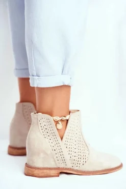 Outlet Boto Botki Damskie Płaski Obcas Zamszowe Ażurowe Cappuccino Shades