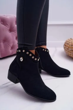 Sale Boto Botki Damskie Płaski Obcas Kowbojki Z Cyrkoniami Czarne Patti