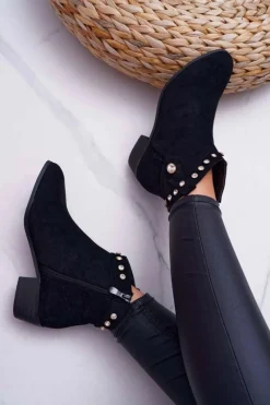 Sale Boto Botki Damskie Płaski Obcas Kowbojki Z Cyrkoniami Czarne Patti