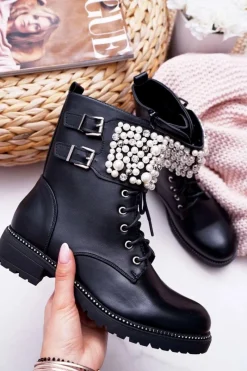 Online Boto Botki Damskie Płaski Obcas Militarne Czarne Bemmer