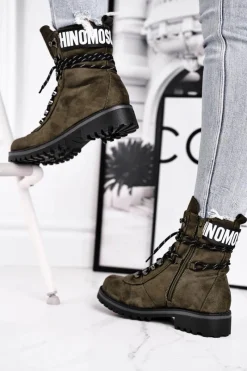 Czarne Botki|Botki Zimowe Damskie>Evento Botki Damskie Płaski Obcas Na Suwak Zielone Popsi