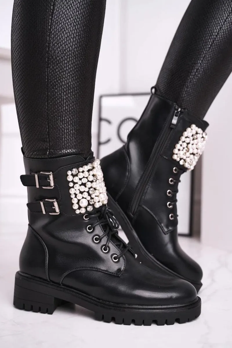 Botki Damskie Płaski Obcas Militarne Czarne Bemmer Damskie Botki Sznurowane|Czarne Botki