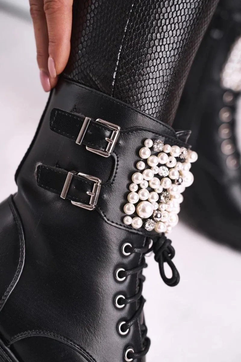 Botki Damskie Płaski Obcas Militarne Czarne Bemmer Damskie Botki Sznurowane|Czarne Botki