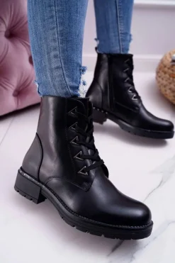 Botki Sznurowane|Botki Zimowe Damskie>Buty Sergio Leone Botki Damskie Płaski Obcas Czarne Sergio Leone TR718