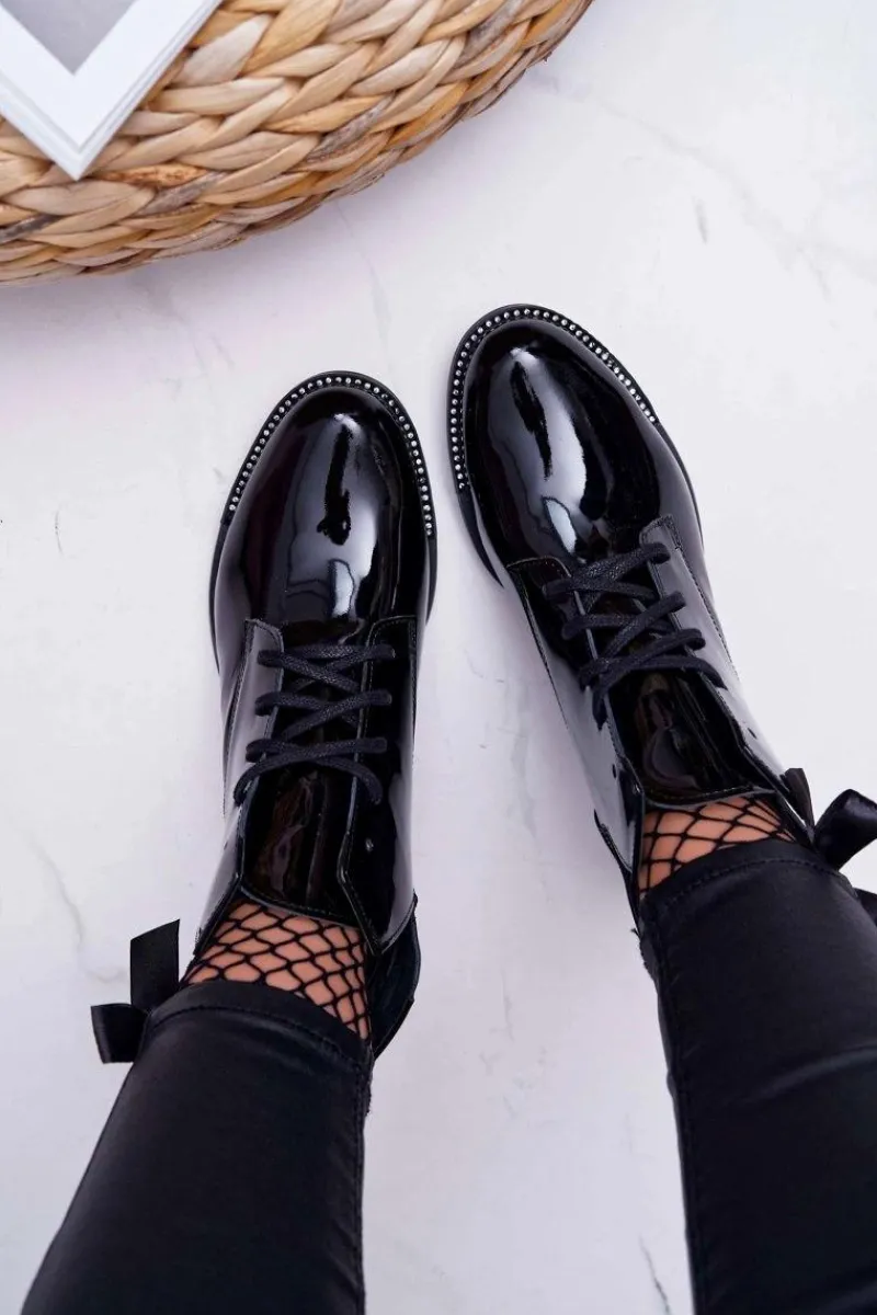 New Boto Botki Damskie Płaski Obcas Lakierowane Czarne Nicole 2420