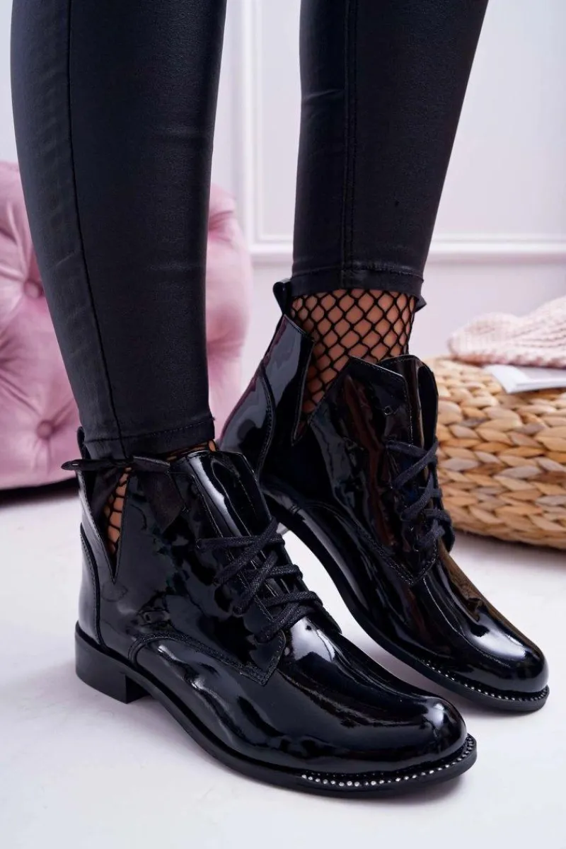 New Boto Botki Damskie Płaski Obcas Lakierowane Czarne Nicole 2420