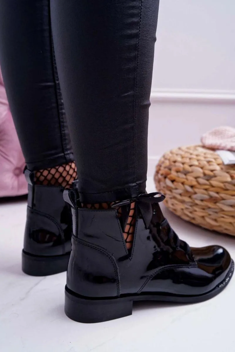 New Boto Botki Damskie Płaski Obcas Lakierowane Czarne Nicole 2420