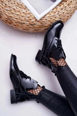 New Boto Botki Damskie Płaski Obcas Lakierowane Czarne Nicole 2420