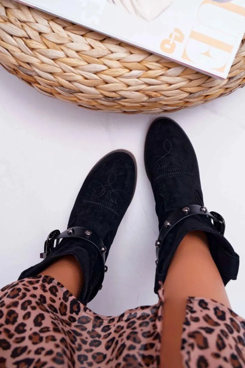 New Boto Botki Damskie Płaski Obcas Kowbojki z Klamrą Czarne Ewella