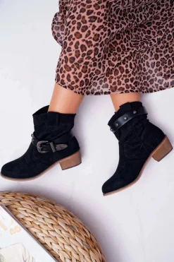 New Boto Botki Damskie Płaski Obcas Kowbojki z Klamrą Czarne Ewella