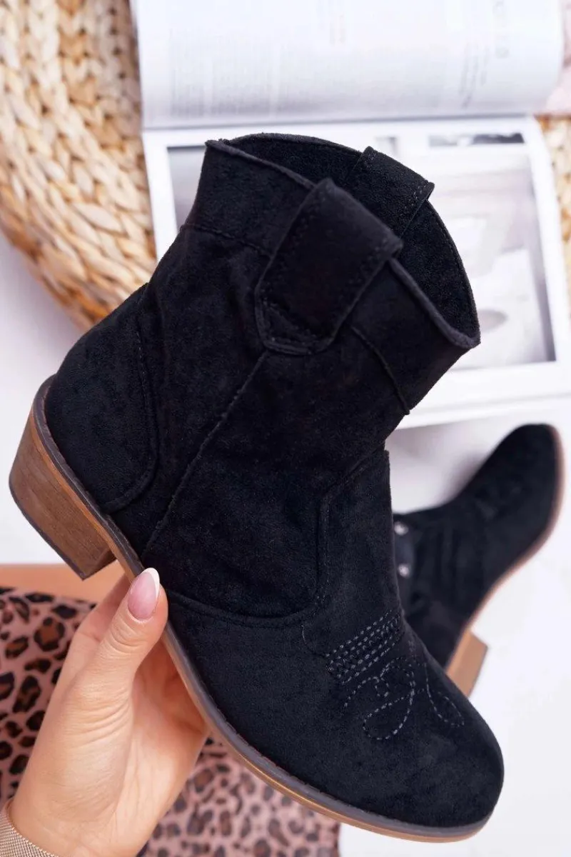 New Boto Botki Damskie Płaski Obcas Kowbojki z Klamrą Czarne Ewella