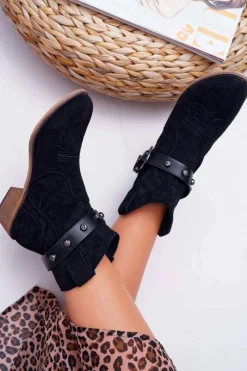 New Boto Botki Damskie Płaski Obcas Kowbojki z Klamrą Czarne Ewella