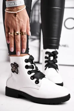 Botki Sznurowane|Botki Zimowe Damskie>Buty Sergio Leone Botki Damskie Płaski Obcas Glany Lakierowane Białe Sergio Leone BT530