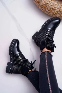 Botki Sznurowane|Botki Płaskie>Boto Botki Damskie Płaski Obcas Czarne Farell