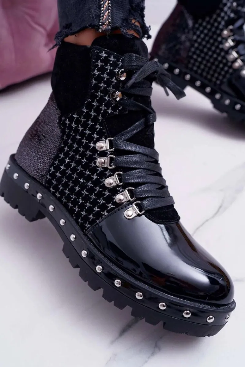 Botki Sznurowane|Botki Płaskie>Boto Botki Damskie Płaski Obcas Czarne Farell