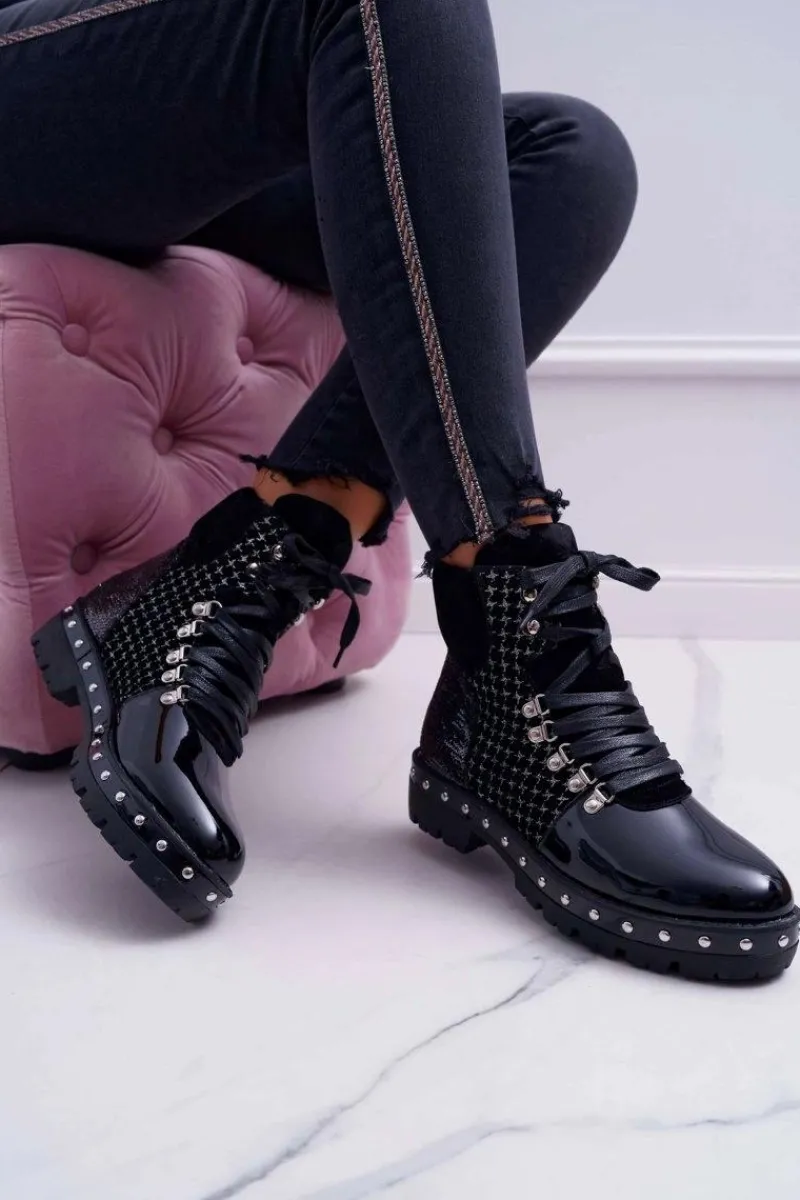 Botki Sznurowane|Botki Płaskie>Boto Botki Damskie Płaski Obcas Czarne Farell