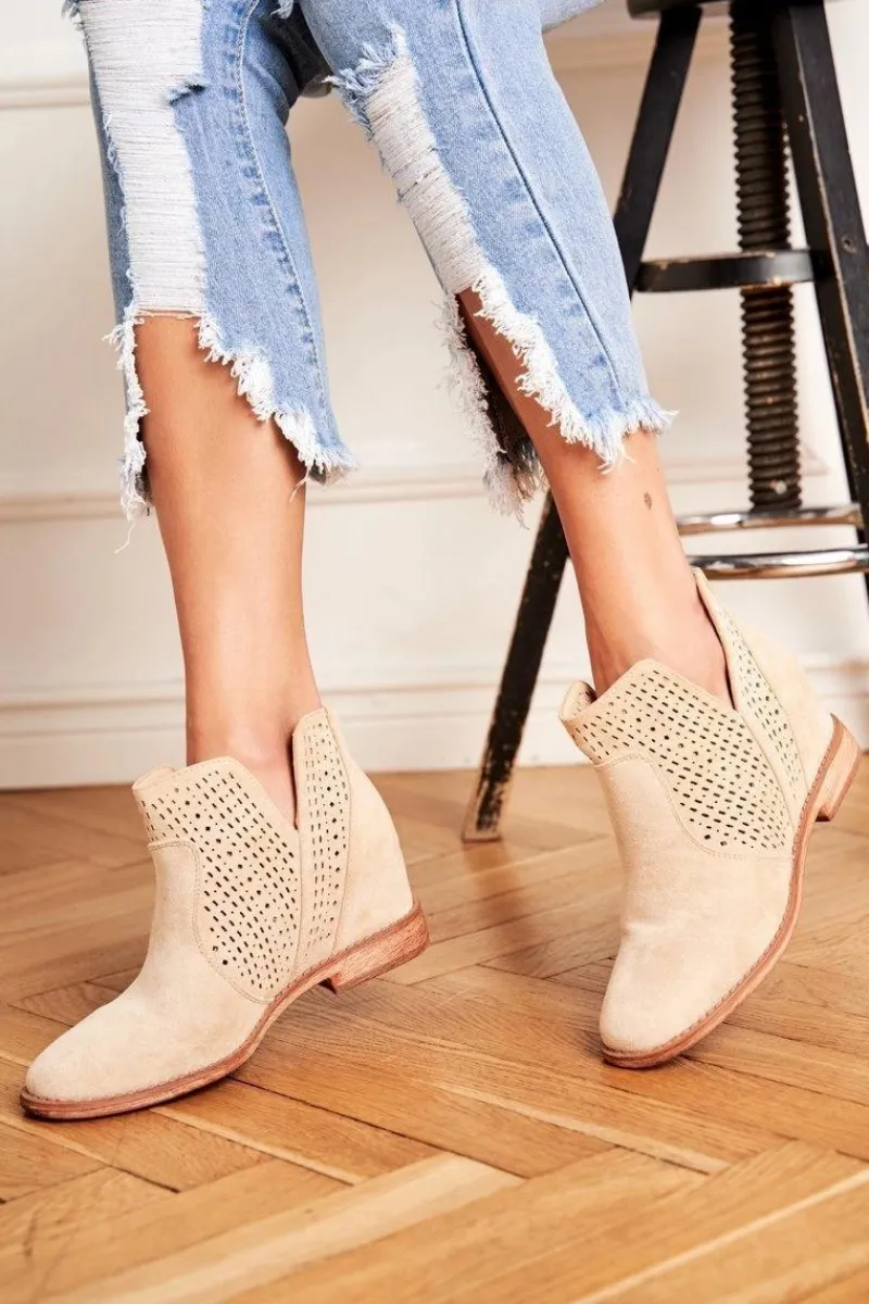 Outlet Botki Damskie Płaski Obcas Zamszowe Ażurowe Jasno Beżowe Shades Damskie Botki Wiosenne|Brązowe I Beżowe Botki