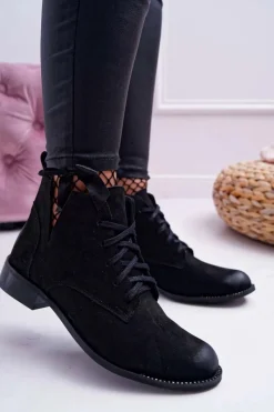 New Botki Damskie Płaski Obcas Nubuk Czarne Nicole 2420 Damskie Botki Wiosenne|Botki Sznurowane
