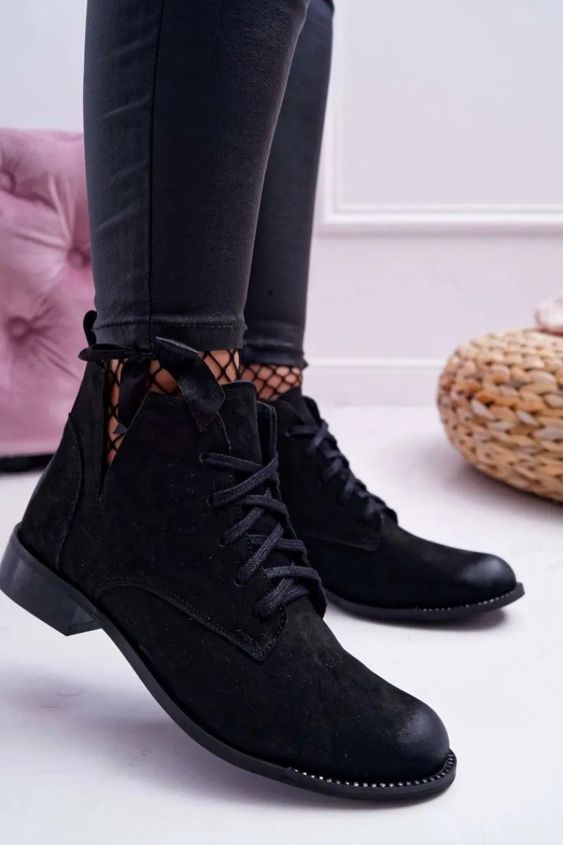 New Botki Damskie Płaski Obcas Nubuk Czarne Nicole 2420 Damskie Botki Wiosenne|Botki Sznurowane