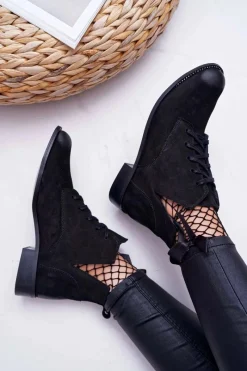 New Botki Damskie Płaski Obcas Nubuk Czarne Nicole 2420 Damskie Botki Wiosenne|Botki Sznurowane