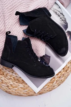 New Botki Damskie Płaski Obcas Nubuk Czarne Nicole 2420 Damskie Botki Wiosenne|Botki Sznurowane