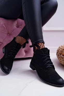 New Botki Damskie Płaski Obcas Nubuk Czarne Nicole 2420 Damskie Botki Wiosenne|Botki Sznurowane