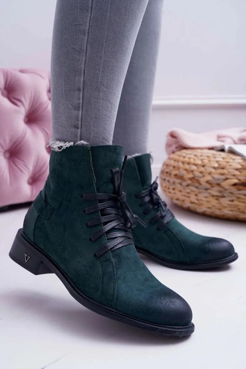 Botki Sznurowane|Botki Zimowe Damskie>Buty damskie Vinceza Botki Damskie Płaski Obcas Workery Zielone Teref