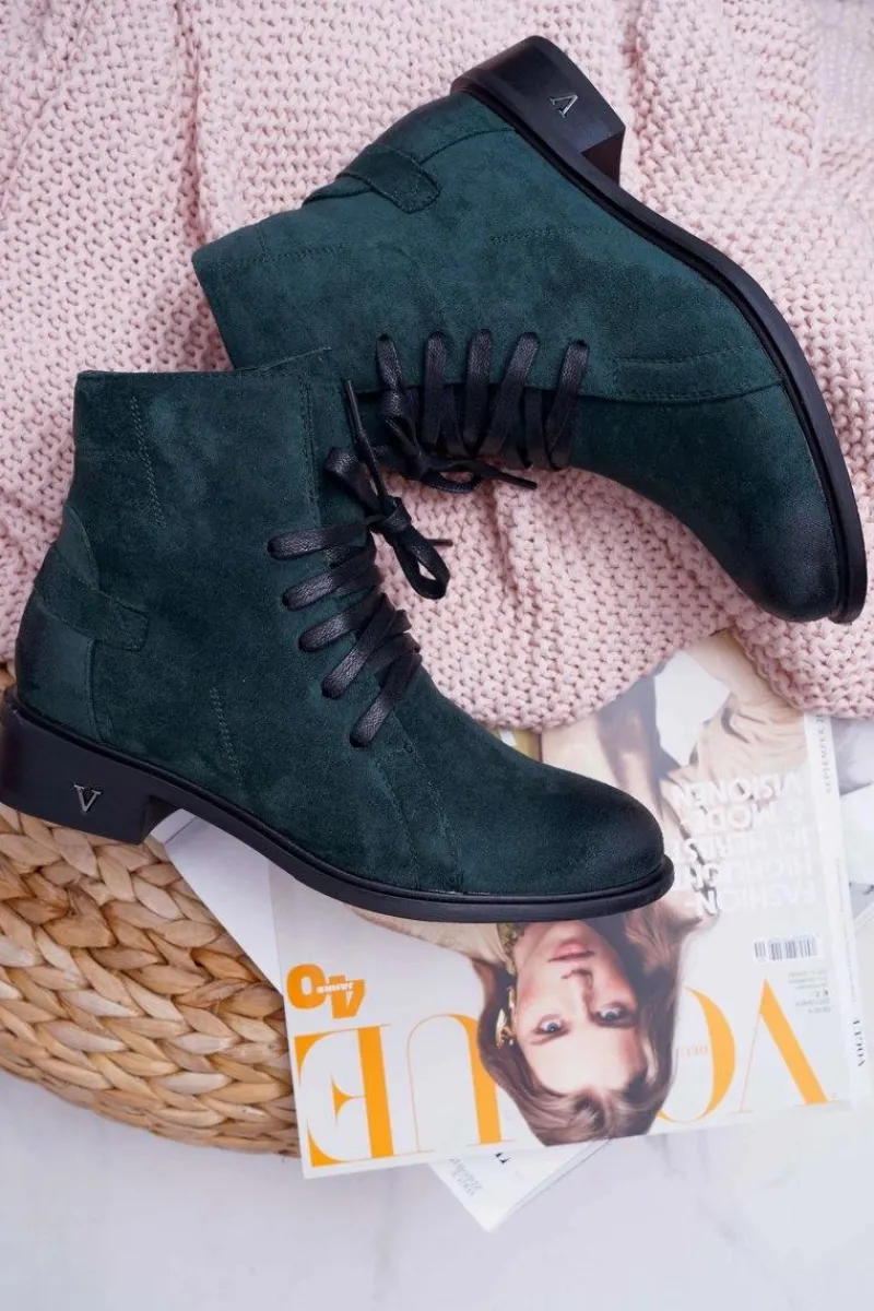 Botki Sznurowane|Botki Zimowe Damskie>Buty damskie Vinceza Botki Damskie Płaski Obcas Workery Zielone Teref