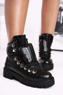 Outlet Botki Damskie Płaskie z Językiem Czarne Passa Damskie Botki Sznurowane|Czarne Botki