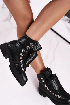 Outlet Botki Damskie Płaskie z Językiem Czarne Passa Damskie Botki Sznurowane|Czarne Botki