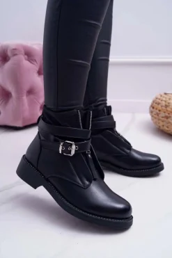 Outlet Boto Botki Damskie Płaskie z Kryształkami Klamra Czarne Denovio