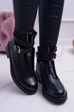 Outlet Boto Botki Damskie Płaskie z Kryształkami Klamra Czarne Denovio