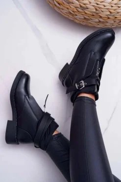 Outlet Boto Botki Damskie Płaskie z Kryształkami Klamra Czarne Denovio