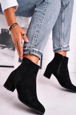 Best Botki Damskie Sergio Leone Czarne BT528 Damskie Botki Na Słupku|Czarne Botki