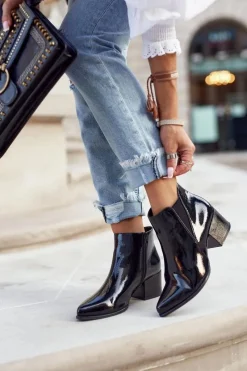 Botki Na Słupku|Czarne Botki>Buty Sergio Leone Botki Damskie Sergio Leone Sztyblety Lakierowane Czarne BT621