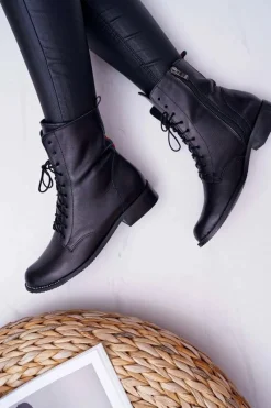 Botki Sznurowane|Botki Zimowe Damskie>Boto Botki Damskie Skóra Licowa Nicole 2315 Czarne The Island