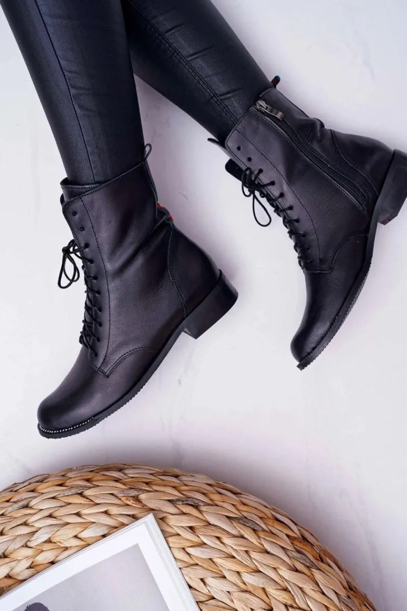 Botki Sznurowane|Botki Zimowe Damskie>Boto Botki Damskie Skóra Licowa Nicole 2315 Czarne The Island