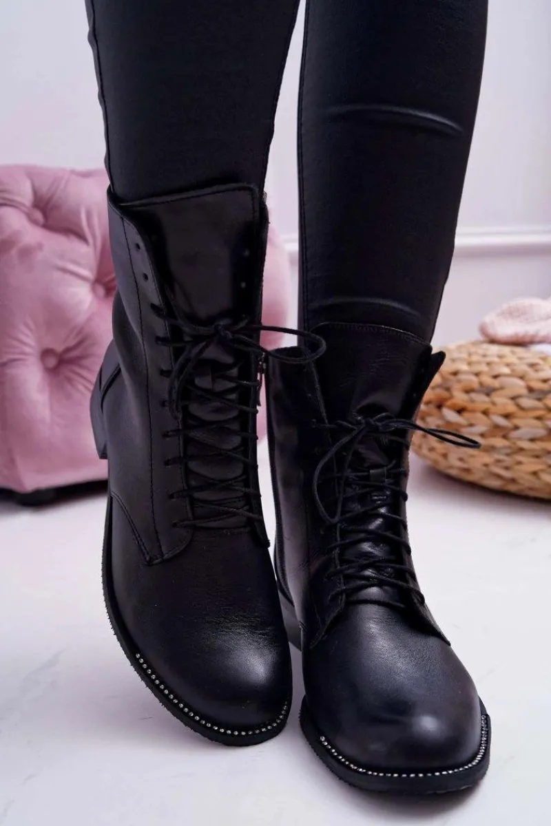 Botki Sznurowane|Botki Zimowe Damskie>Boto Botki Damskie Skóra Licowa Nicole 2315 Czarne The Island