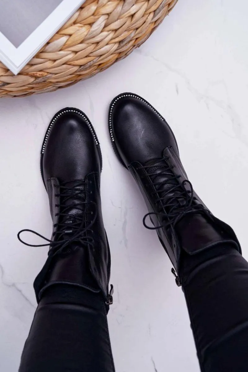 Botki Sznurowane|Botki Zimowe Damskie>Boto Botki Damskie Skóra Licowa Nicole 2315 Czarne The Island