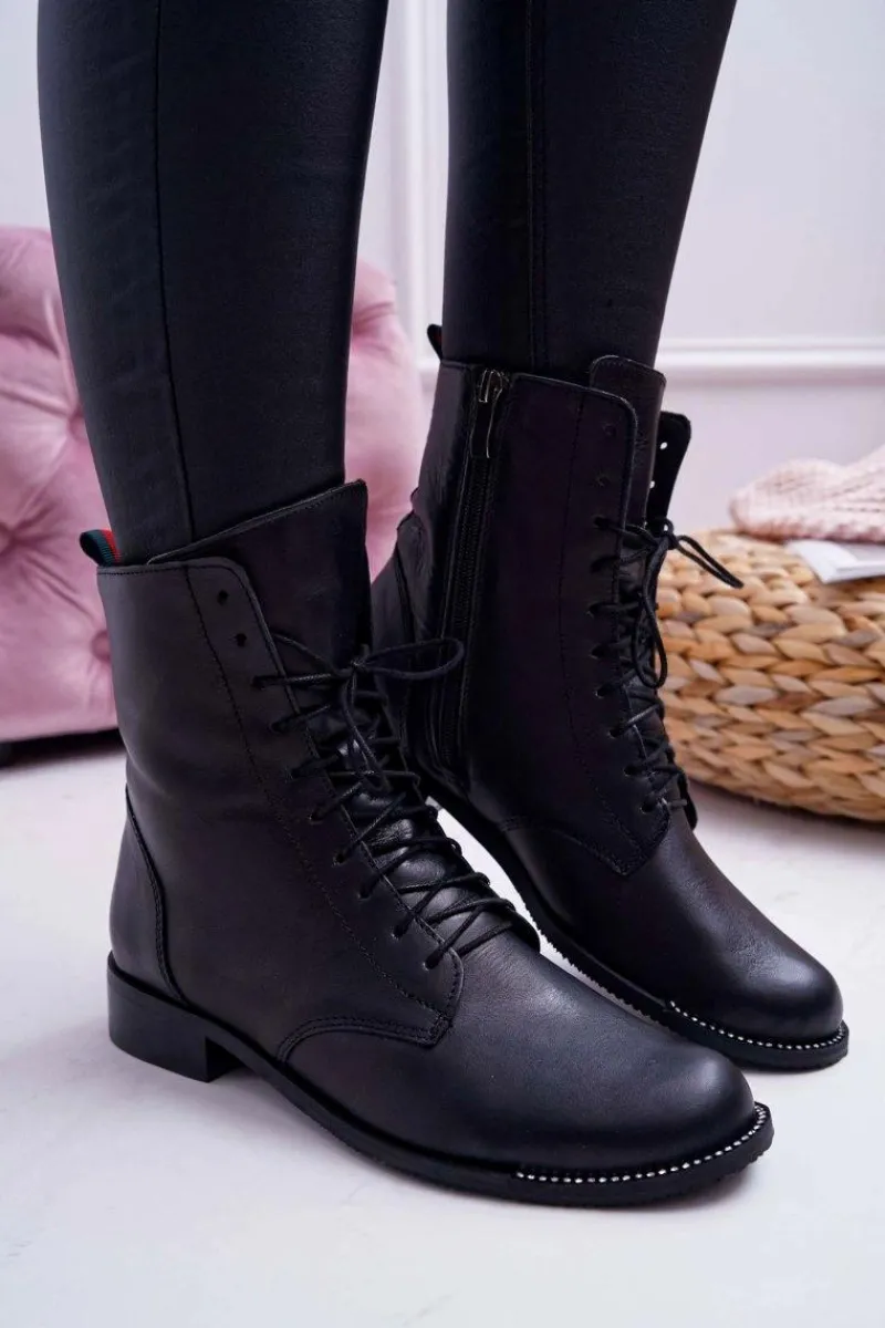 Botki Sznurowane|Botki Zimowe Damskie>Boto Botki Damskie Skóra Licowa Nicole 2315 Czarne The Island