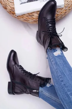 Botki Damskie Skóra Naturalna Nicole Czarne 2193 Damskie Botki Sznurowane|Botki Zimowe Damskie