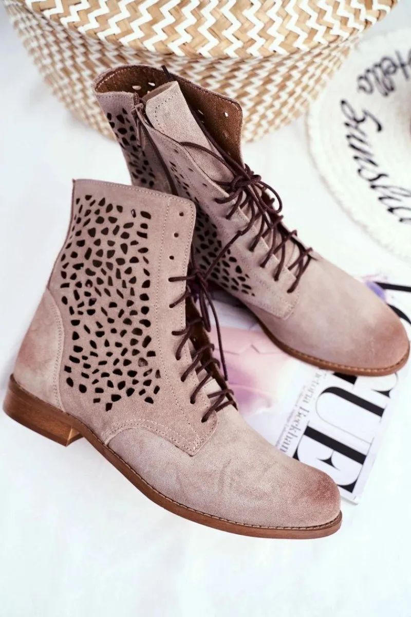 Outlet Botki Damskie Skórzane Cappucino Meridan Damskie Botki Wiosenne|Brązowe I Beżowe Botki