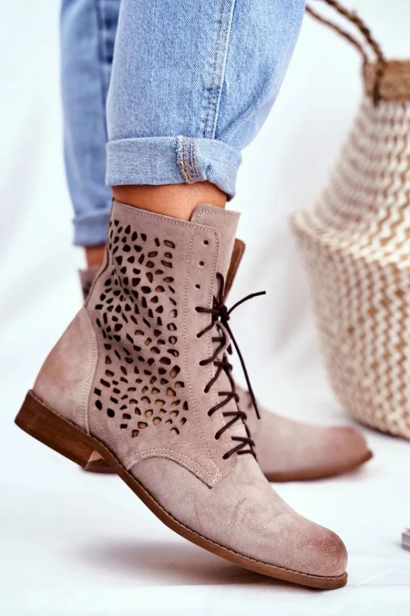 Outlet Botki Damskie Skórzane Cappucino Meridan Damskie Botki Wiosenne|Brązowe I Beżowe Botki