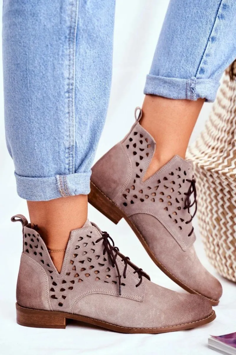 Outlet Boto Botki Damskie Skórzane Cappucino Low Meridan