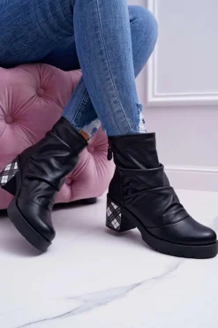 New Botki Damskie Skórzane Czarne 04216-01 Damskie Botki Maciejka|Botki Na Słupku