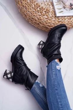 New Botki Damskie Skórzane Czarne 04216-01 Damskie Botki Maciejka|Botki Na Słupku