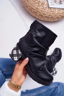 New Botki Damskie Skórzane Czarne 04216-01 Damskie Botki Maciejka|Botki Na Słupku