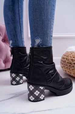 New Botki Damskie Skórzane Czarne 04216-01 Damskie Botki Maciejka|Botki Na Słupku