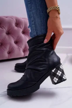New Botki Damskie Skórzane Czarne 04216-01 Damskie Botki Maciejka|Botki Na Słupku
